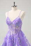 Brilhante Lilás A-Line Esparguete Correias Sequins Corset Homecoming Dress