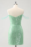 Verde brilhante fora do ombro Ruched Tight Homecoming Dress com Sequins