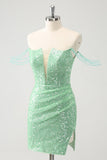 Verde brilhante fora do ombro Ruched Tight Homecoming Dress com Sequins