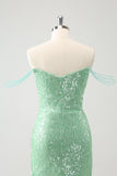 Verde brilhante fora do ombro Ruched Tight Homecoming Dress com Sequins