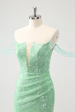 Verde brilhante fora do ombro Ruched Tight Homecoming Dress com Sequins