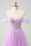 Uma linha lilás fora do ombro Sequined Homecoming Dress