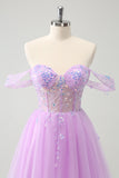 Uma linha lilás fora do ombro Sequined Homecoming Dress