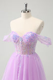Uma linha lilás fora do ombro Sequined Homecoming Dress