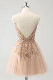 Blush A Line Espaghetti Correias Vestido de Lantejoulas Tule Homecoming