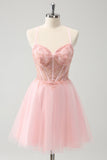 Tule Rosa A-Line Vestido Curto Homecoming com Missangas