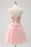 Tule Rosa A-Line Vestido Curto Homecoming com Missangas