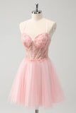 Tule Rosa A-Line Vestido Curto Homecoming com Missangas
