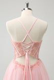 Tule Rosa A-Line Vestido Curto Homecoming com Missangas