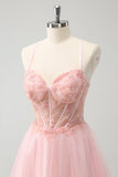 Tule Rosa A-Line Vestido Curto Homecoming com Missangas