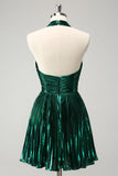 Glitter Verde Escuro Halter A-Line plissado Vestido Metálico Homecoming