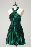 Glitter Verde Escuro Halter A-Line plissado Vestido Metálico Homecoming