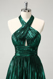 Glitter Verde Escuro Halter A-Line plissado Vestido Metálico Homecoming