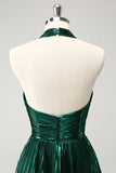 Glitter Verde Escuro Halter A-Line plissado Vestido Metálico Homecoming