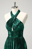 Glitter Verde Escuro Halter A-Line plissado Vestido Metálico Homecoming