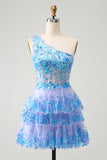 Azul Claro Brilhante A-Line Um Ombro Tiered Sequined Homecoming Dress