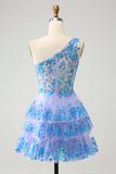 Azul Claro Brilhante A-Line Um Ombro Tiered Sequined Homecoming Dress