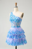 Azul Claro Brilhante A-Line Um Ombro Tiered Sequined Homecoming Dress