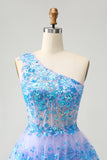 Azul Claro Brilhante A-Line Um Ombro Tiered Sequined Homecoming Dress