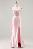 Vestido de baile de finalista cor-de-rosa cor-de-sereia cor-de-rosa sem alças, com fenda