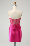 Sparkly Fuchsia Tight Beaded Corset Strapless Homecoming Vestido