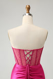 Sparkly Fuchsia Tight Beaded Corset Strapless Homecoming Vestido