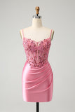 Sparkly Pink Tight Corset Espaghetti Straps Homecoming Dress com Apliques