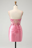 Sparkly Pink Tight Corset Espaghetti Straps Homecoming Dress com Apliques