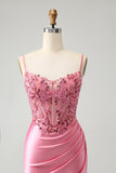 Sparkly Pink Tight Corset Espaghetti Straps Homecoming Dress com Apliques