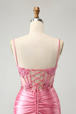 Sparkly Pink Tight Corset Espaghetti Straps Homecoming Dress com Apliques