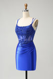 Royal Blue Corset Espaghetti Correias Apertado Homecoming Dress