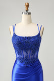 Royal Blue Corset Espaghetti Correias Apertado Homecoming Dress