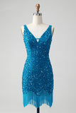 Sparkly Dark Blue Bodycon V Neck Sequin Vestido Curto Homecoming com Tassel