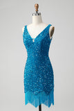 Sparkly Sage Bodycon V Pescoço Sequin Vestido Curto Homecoming com Tassel