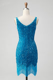 Sparkly Sage Bodycon V Pescoço Sequin Vestido Curto Homecoming com Tassel