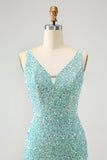 Sparkly Dark Blue Bodycon V Neck Sequin Vestido Curto Homecoming com Tassel