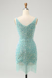 Sparkly Sage Bodycon V Pescoço Sequin Vestido Curto Homecoming com Tassel