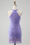 Sparkly Royal Blue Bodycon Halter Sequin Vestido Curto Homecoming com Tassel