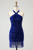 Sparkly Royal Blue Bodycon Halter Sequin Vestido Curto Homecoming com Tassel