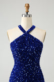 Sparkly Royal Blue Bodycon Halter Sequin Vestido Curto Homecoming com Tassel