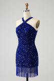 Sparkly Royal Blue Bodycon Halter Sequin Vestido Curto Homecoming com Tassel