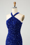 Sparkly Royal Blue Bodycon Halter Sequin Vestido Curto Homecoming com Tassel