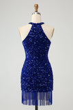 Sparkly Royal Blue Bodycon Halter Sequin Vestido Curto Homecoming com Tassel