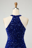 Sparkly Royal Blue Bodycon Halter Sequin Vestido Curto Homecoming com Tassel