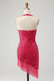 Sparkly Fuchsia Sequins Halter Vestido Curto Bodycon Homecoming com Tassels