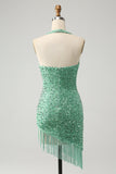 Sparkly Fuchsia Sequins Halter Vestido Curto Bodycon Homecoming com Tassels