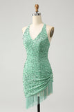 Sparkly Fuchsia Sequins Halter Vestido Curto Bodycon Homecoming com Tassels
