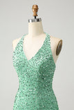 Sparkly Fuchsia Sequins Halter Vestido Curto Bodycon Homecoming com Tassels