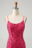 Fuchsia Sequins Esparguete Alças Vestido Curto Homecoming com Tassels