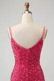 Fuchsia Sequins Esparguete Alças Vestido Curto Homecoming com Tassels